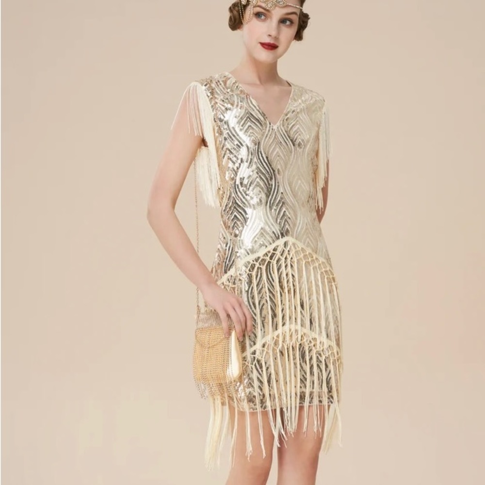 Champagne Sparkly Sequin Bodycon Flapper Dress